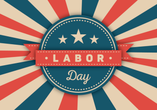 Red, white, and blue design with stars and a banner that says "Labor Day"