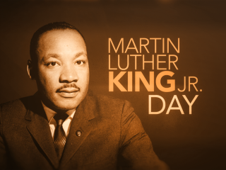 Photo of MLK with the text "Martin Luther King, Jr. Day"